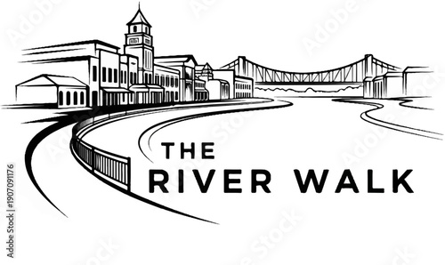 Stylized drawing of a city skyline with a bridge over a river