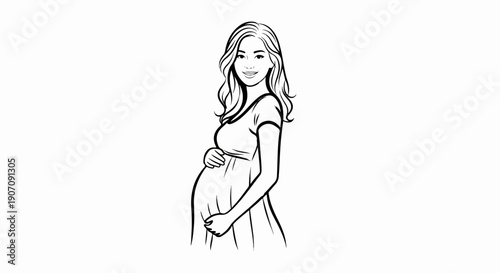 Stylized line drawing of a smiling pregnant woman with flowing hair
