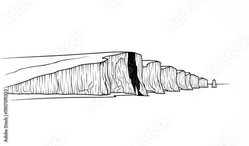 Stylized line drawing of imposing chalk cliffs meeting calm waters under a vast sky