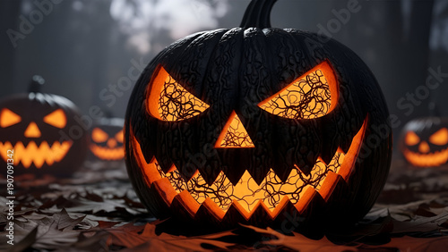 A group of carved pumpkins sitting on the ground in a forest