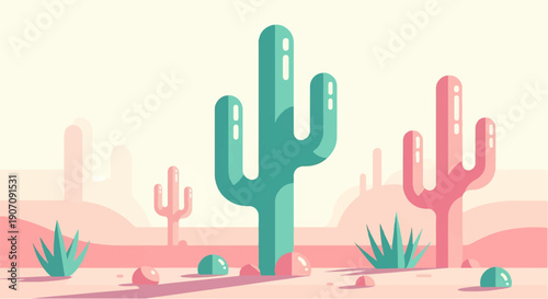 Stylized desert landscape with prominent cacti and rolling hills