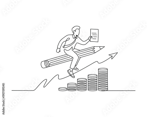 Business man riding a pencil with growing coins and chart symbolizing success