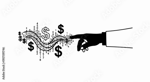 Stylized depiction of a hand interacting with swirling money symbols and numbers