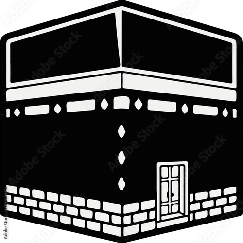 Stylized depiction of a cube-shaped building with a door and brick base