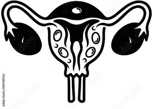 Stylized black and white illustration of a female reproductive system