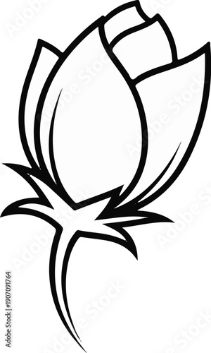 Stylized black and white outline drawing of a blooming flower bud with pointed petals