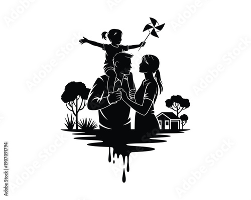 Stylized silhouette of a happy family with a child on shoulders enjoying outdoor nature scene
