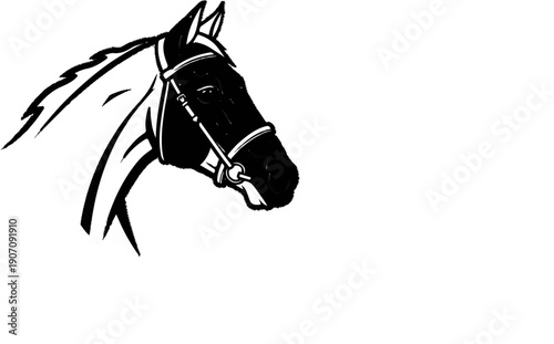 Stylized black and white illustration of a horse's head with harness