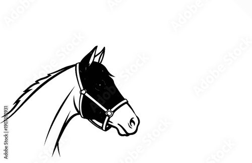 Stylized black and white illustration of a horse's head with halter