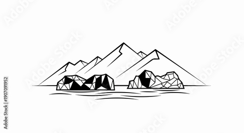 Stylized black and white outline of jagged mountain peaks above rocky islands and water