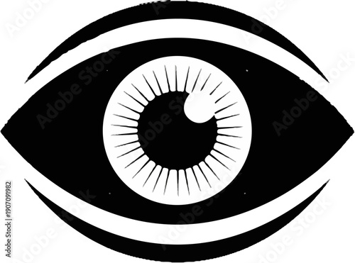 Striking black and white eye graphic with radiating iris details