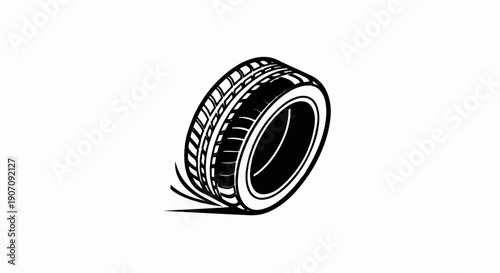 Stylized black and white illustration of a rotating car tire