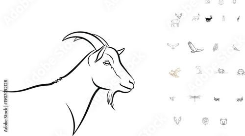 Simple line drawing of a goat head with horns