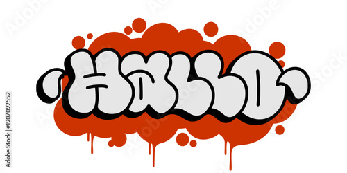 Hallo graffiti throw up bubble letter design. White and red street art illustration with dripping paint effect for urban greetings and clothing design. High quality vector.