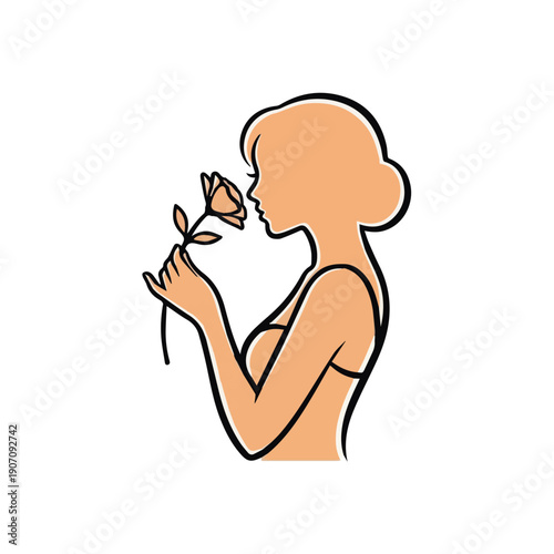 Stylized Graphic Illustration of a Woman in Profile Gently Smelling a Delicate Rose, Emphasizing Beauty and Fragrance
