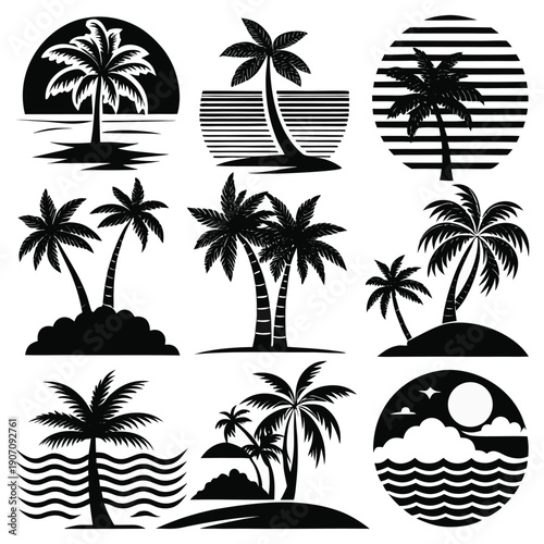 Tropical Island Vector Icons with Palms and Beach Elements