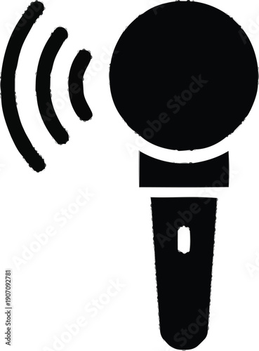 Microphone with sound waves emitting from top for audio recording and broadcast on transparent background