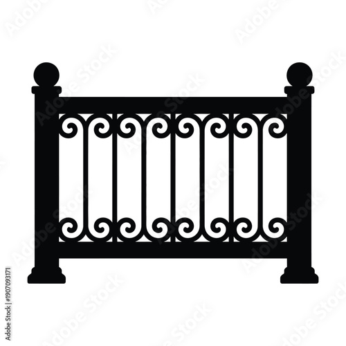 ornate wrought iron railing on transparent background silhouette, elegant metal fence pattern for architectural detailing, classic railing design, heritage restoration, interior and exterior decoratio