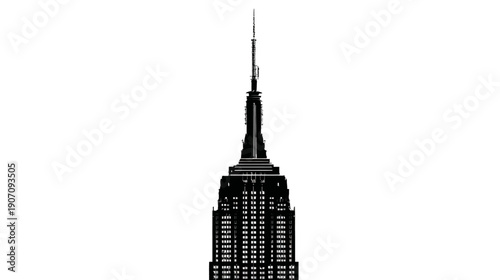 A tall, monochromatic illustration depicts the upper portion of a recognizable skyscraper