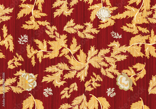 Floral damask seamless pattern featuring elegant ornamental symmetry.
Classic damask layout combined with floral motifs, creating a refined decorative design suitable for textile printing