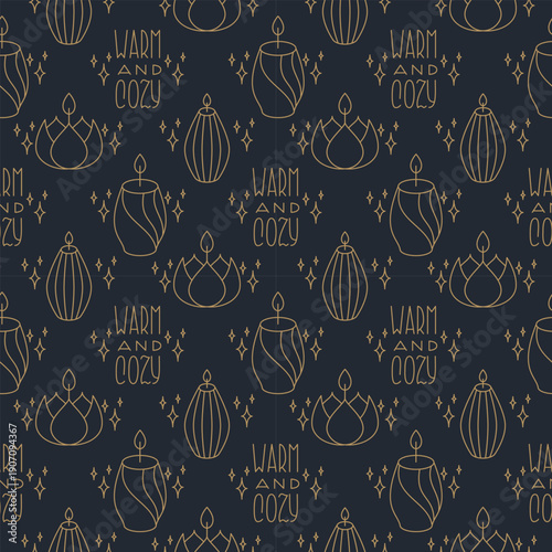 Seamless candles Line art pattern. Minimal hand drawn background for wrapping paper, wallpaper, textile prints, packaging, and cozy home decor designs. 