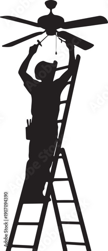 Electrician installing ceiling fan from ladder maintenance service silhouette illustration professional repair concept