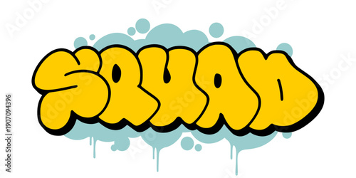 Squad graffiti throw up bubble letter design. Yellow and green street art illustration with dripping paint effect. Perfect for urban team apparel and social media content.