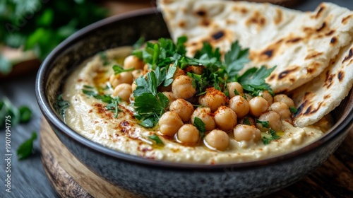 Delicious Hummus Bowl Topped With Chickpeas And Pita Bread