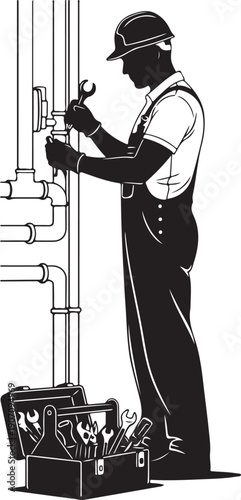 Electrician standing with toolbox repairing wall wiring maintenance silhouette illustration professional concept design