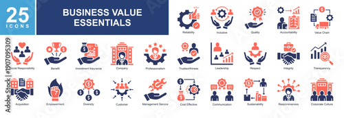 Business value icon pack featuring reliability,leadership,quality,accountability,trust,customer focus,sustainability,professionalism,and corporate culture for modern business design needs.