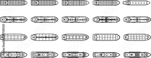 A series of top-down line-art illustrations showcasing various ship designs, perfect for maritime projects.
