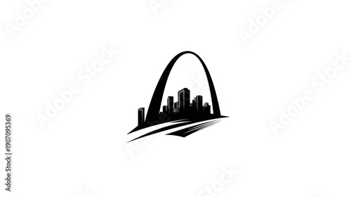 A black and white depiction of a city skyline with a large arch silhouette