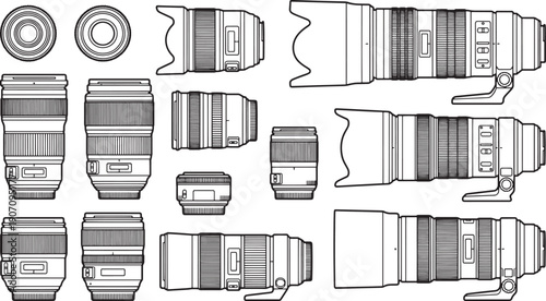 Detailed and schematic view of various high-quality camera lenses in a photorealistic and technical style, ideal for illustrating professional photography equipment.