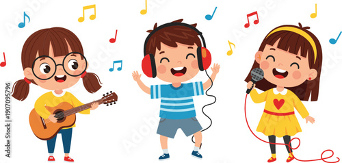 Vector collection of happy children playing musical instruments featuring girl with guitar, boy with headphones, and girl singing with microphone isolated on white.