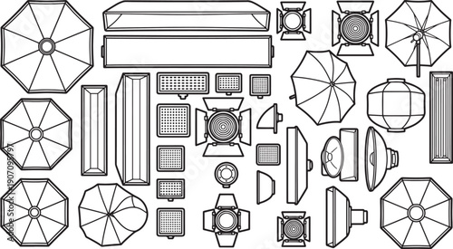 A schematic depiction of various photographic equipment from an overhead perspective, showcasing an array of light sources, umbrellas, and studio tools. 