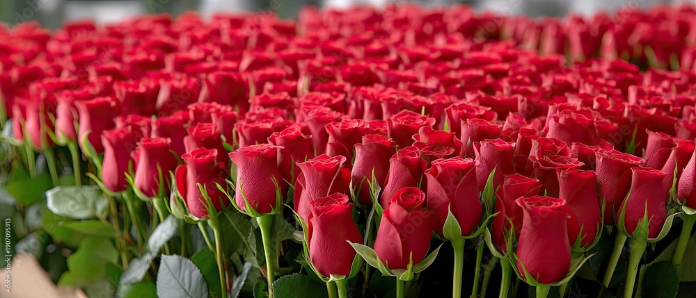 Obraz premium Large arrangement of red roses creates a vibrant background for romantic events like Valentine's Day or anniversaries