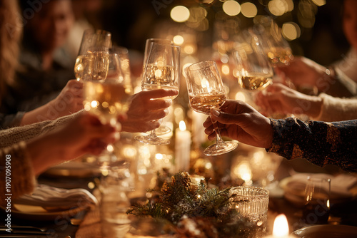 Friends toast with sparkling drinks around a festive dinner table in a cozy setting during the evening party celebration