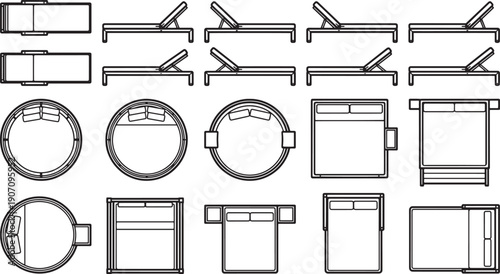 Architectural blueprints showcasing the diverse designs of sunbeds and beds, a minimalistic representation of furniture layouts, perfect for interior design.