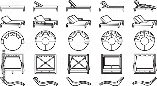 Collection of stylish, modern chaise lounges and seating arrangements, ideal for furnishing luxurious outdoor spaces, decks, and poolside areas, offering a variety of elegant and comfortable designs.