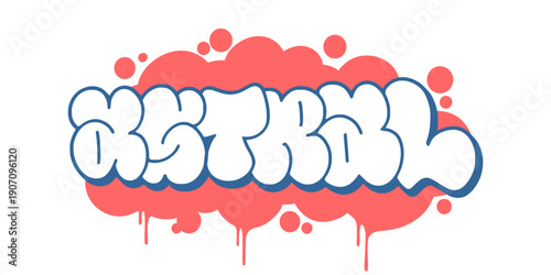 Astral graffiti throw up bubble letter design. White and red street art illustration with dripping paint effect for cosmic urban clothing and stickers. High quality vector.