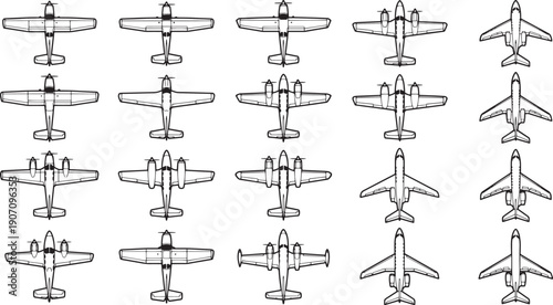 A bird's-eye view of a formation of vintage airplanes, showcasing a monochromatic arrangement of various aircraft silhouettes.