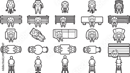 Overhead view of various furniture arrangement with people silhouettes. A collection of diverse people figures.