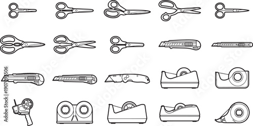 An overhead shot of various office and craft tools arranged in a grid, isolated against a simple background. 