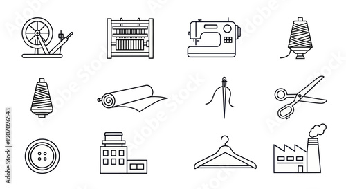 Textile Industry Icons: Spinning, Sewing, Fabric, Factory & More