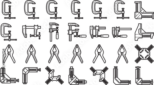 Collection of Clamps for Construction and Carpentry, presented in a clean and organized manner. These essential tools are crucial for securing, holding.
