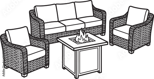 Outdoor living set, inviting relaxation in the backyard, it includes a couch, two chairs, and a fire pit table, it's a perfect spot for cozy moments.