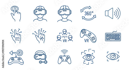 Virtual Reality Icons: VR headset, hand gestures, controller, keyboard, sound, eye tracking