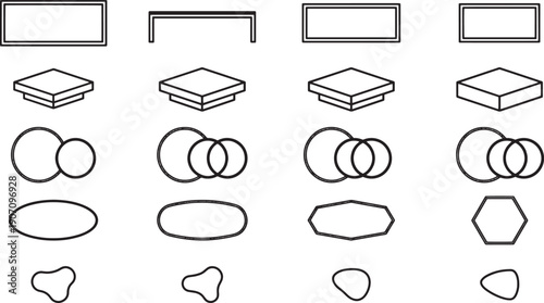 Abstract geometric shapes presented in an array, clean lines define an assortment of forms, perfect for visual compositions.