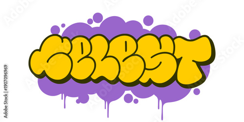 Celest graffiti throw up bubble letter design. Yellow and purple street art illustration with dripping paint effect for urban fashion and cosmic branding. High quality vector.