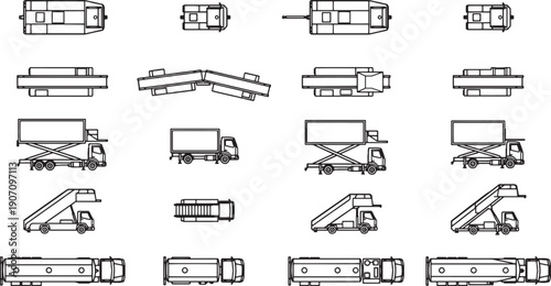 Illustration of aerial view trucks and vehicles, presenting a diverse selection of transport options suitable for logistics, cargo handling, and ground support operations.